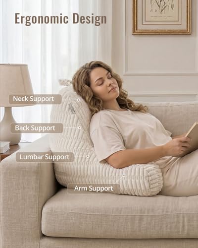 Blissful Diary Reading Pillow, Large Backrest Pillow with Shredded Memory Foam for Adult & Children, Designed for Bed and Couch Sitting Up, Includes Arms, Pockets and Washable Cover, Off White - color: Textured Off White, size: Large(20inch)
