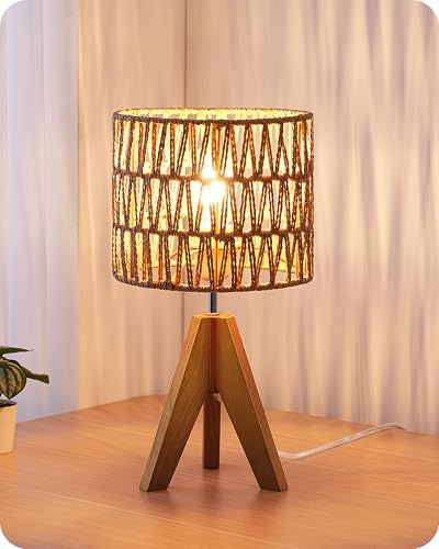 EDISHINE Small Table Lamp, Rattan Wood Tripod Bedside Lamp, Boho Nightstand Lamp for Living Room, End Table, Office, E26 Base, Natural Style - style: W-shaped Wave