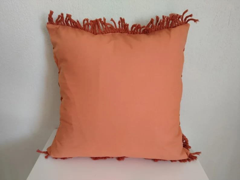 Rust Terracotta Macrame Throw Pillow Cover, Boho Textured Knitted Fringe Decorative Cushion Case, Diamond Lattice Woven Square Pillowcase for Sofa Couch Bedroom Farmhouse Home Decor, 18x18 Inch (Pillo