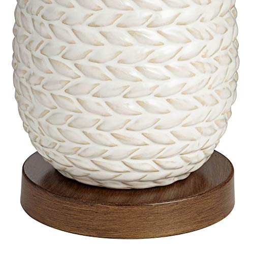 Possini Euro Design Kingston Mid Century Modern Table Lamp 32 3/4" Tall White Grooved Patterned Ceramic Taupe Drum Shade for Bedroom Living Room House Bedside Nightstand Home Office Entryway Family