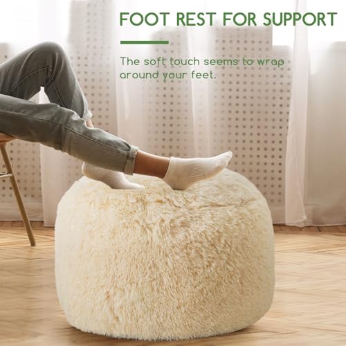 HIGOGOGO Round Stuffed Pouf Ottoman, Long Faux Fur Poufs with Foam Chunk Filling, Fluffy and Furry Pouf Foot Stool Storage Ottoman, 26 X 18 Floor Poufs Foot Rest for Living Room, White - color: Beige, size: 26"D x 26"W x 18"H