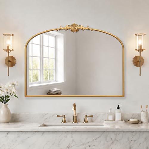 Besdomus Antique Arched Gold Mirror: 40"x29" French Large Gold Vintage Wall Vanity Mirror - Decorative Baroque Traditional Ornate for Bedroom/Bathroom/Fireplace/Entryway - Ideal for Home Renovations - color: Gleaming Gold, size: 29"L x 40"W