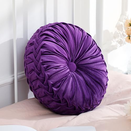 Drydiet 1 Pcs Round Throw Velvet Pillows Decorative Pleated Throw Pillows Diameter Accent Pumpkin Boho Chair Cushion for Couch Sofa Home Decoration (Purple,15'') - color: Purple, size: 15''