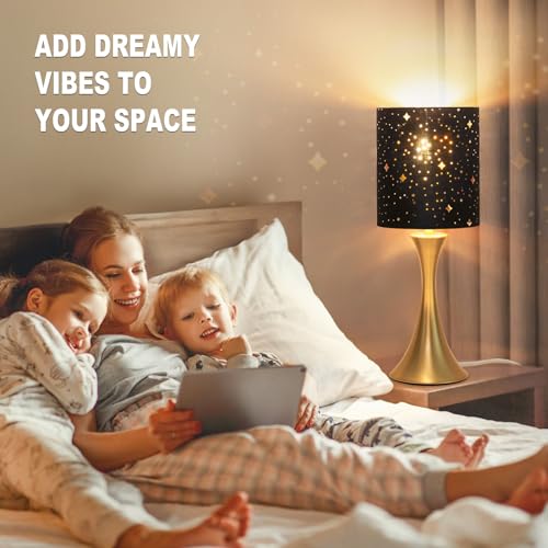 Touch Lamp for Bedroom, 3 Way Dimmable Gold Table Lamp with Black Starry Shade, Decorative Nightstand Lamp Ambient Beside Light for Living Room, Guest Room, Office 3000K LED Bulb Included - color: Gold Base with Stars Shade