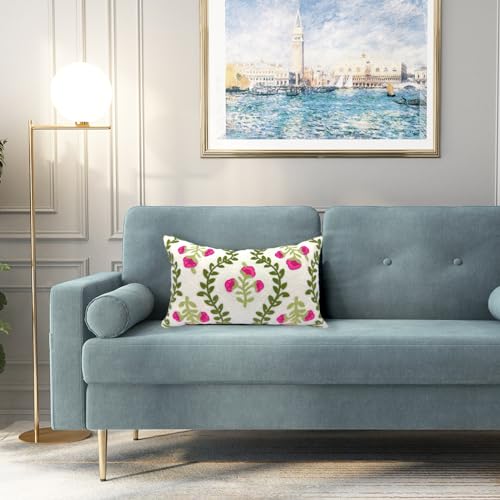 Alysheer Flower Embroidered Summer Decorative Lumbar Throw Pillow Cover 12"x 20", Farmhouse Cottage Hot Pink Floral Green Leaves Patterned Cotton Canvas Cushion Case for Sofa Couch Bed Living Room - color: Hot Pink, size: 20" x 12" (Pack of 1)