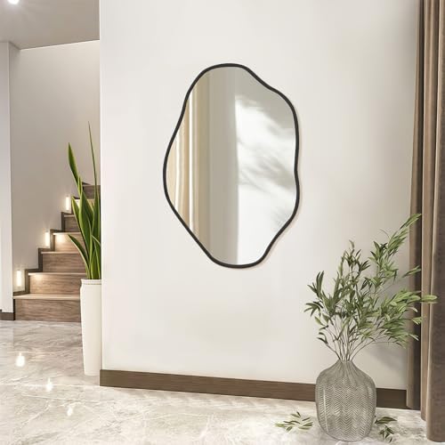 ULIKE Irregular Wall Mirror, 24x36 Inch Black Asymmetrical Mirror with Solid Wood Frame, Abstract Organic Shape Vanity Mirrors for Bathroom Bedroom Living Room Entryway - color: A Black-irregular