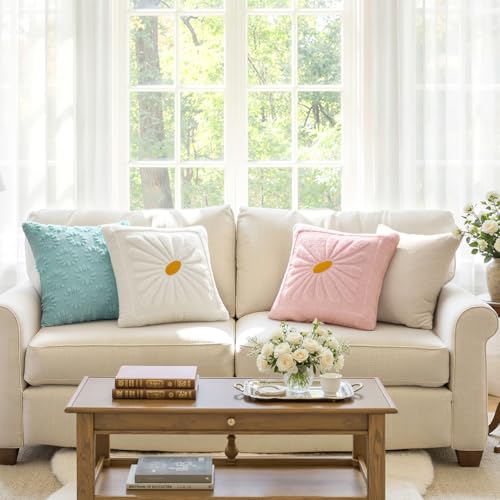 EMEMA Set of 2 Spring Summer Sunflower Floral Pillow Covers, Plush Faux Fur Decorative 18x18 Cushion Cases Adding a Soft, Bright Seasonal Accent to Sofa Couch Bed Modern Farmhouse Living Room, White - color: White, size: 18" x 18" (Pack of 2)