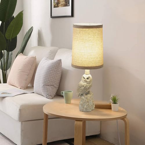Vintage White/Wood Grain Owl Table Lamp - Resin Sculpture Base & Linen Shade | 16.5in Height Decorative Lamp for Bedroom/Study | Rocker Switch (WH-1) - color: WH-1