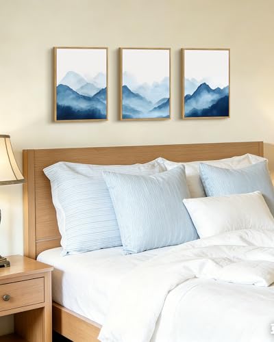 KUVIOKE Blue Watercolor Mountains in Fog Framed Wall Art Wilderness Nature Landscape Painting Rustic Scenic Relax Cool Home Decor 11x14in (Natural Framed) - color: Watercolor Mountain, size: 11 x 14in x 3 Panels Natural