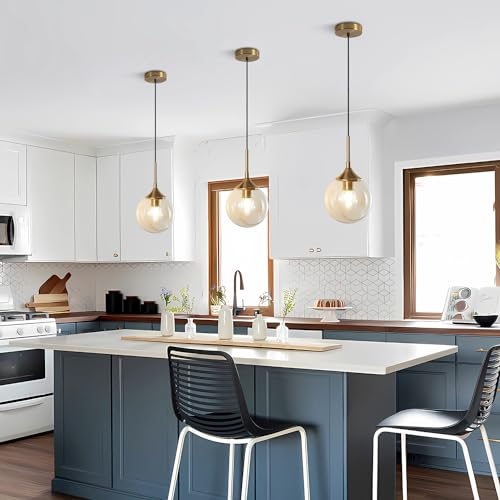 KCO Lighting Mid Century Modern Pendant Chandelier Amber Glass Hanging Lamp Gold Globe Pendant Lights Kitchen Island Brushed Brass Pendant Light Large Kitchen Pendant Lighting Over Island - color: Amber