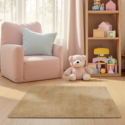 jinchan Solid Plush Area Rug 2x3 Performance Shaggy Washable Rug Indoor Entryway Doormat Soft Modern Faux Wool Cozy Non Slip Carpet for Living Room Kid Room Bedroom Nursery Tan - color: Solid Tan, size: 2' x 3' (Rectangular)