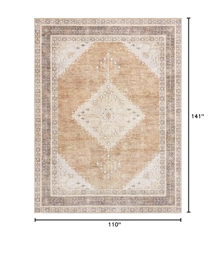 Hauteloom Ferdinand Machine Washable Area Rug - Medallion Diamond Border Geometric - Traditional Oriental Transitional Oushak Farmhouse - Light Brown, Dark Brown, Light Blue, Tan, Beige - 9'2" x 11'9" - size: 9'2" x 11'9" (Rectangular)