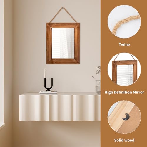 Wall Decorative Mirror 12 x 16 Inch Rust Farmhouse Rectangular Mirrors Wood Frame Mirror with Hanging Hemp Rope for Bedroom, Bathroom, Living Room, Entryway (Brown)