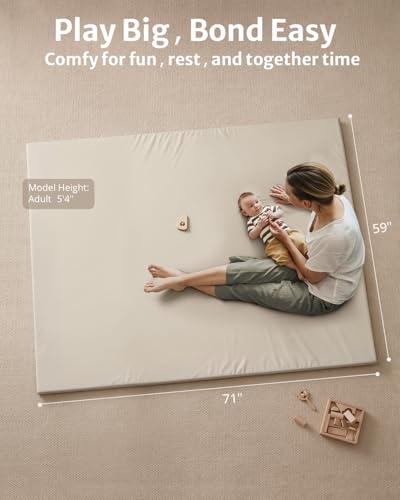 Blissful Diary Vegan Leather Baby Play Mat, 71x59 Thicken Foam Cushioned & Waterproof Playpen Mat for Infants and Toddlers, Stylish and Just Wipe-Clean Playmat for Baby Play on Floor, Beige - color: Beige, size: 71" X 59"
