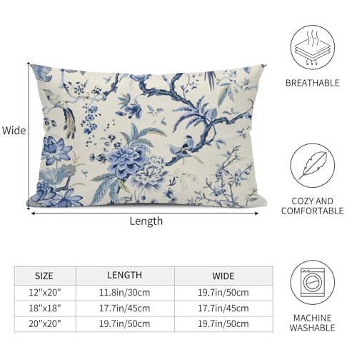Chinoiserie Lumbar Pillow Covers 12 x 20 Set of 2 Birds Floral Linen Throw Pillow Cover Vintage White and Blue Farmhouse Decorative Pillowcases for Living Room Couch Bed Sofa Outdoor - color: Chinoiserie Bird, size: 20" x 12" (Pack of 2)