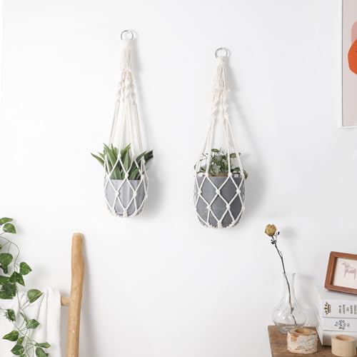 Artilady Macrame Plant Hanger Large Hanging Planter for Indoor Plants Holder White Cotton Rope Hanging Plant Basket Handmade Outdoor Window Boho Plant Wall Decor (White Macrame-2pcs) - color: White Macrame-2pcs