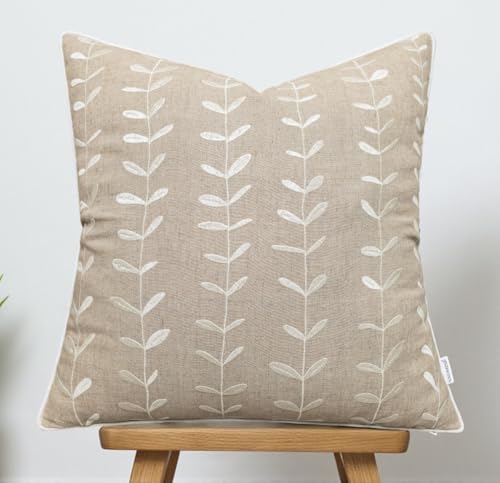 VAGMINE Embroidered Botanical Vine Leaf 18x18 Throw Pillow Cover - Natural Linen Square Cushion for Sofa Couch Bed - Cottagecore Farmhouse Decor - Lollipop - color: Natural-lollipop, size: 18" x 18" (Pack of 1)