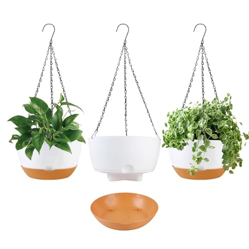 KPUVX 10 inch Hanging Planters Self Watering Pots for Indoor Plants, 3 Pack Plastic Hanging Basket with Removable Tray for Home Garden Porch Balcony Patio Decor (White) - color: White, size: 10 inch