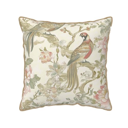 Vintage Bird Floral Velvet Pillow Covers 16x16 Inch Chinoiserie Flowers Leaves Throw Pillows for Couch Farmhouse Cushion Covers Pillowcase Light Green Leaf Pillow Cases for Sofa Bed Outdoor Decor - color: Green Bird, size: 16" x 16" (Pack of 1)