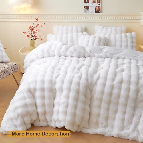 LIFEREVO Fluffy Faux Rabbit Fur Body Pillow Cover, Luxury Bubble Waffle Shaggy Plush Bed Body Pillowcase with Zipper Closure, Long 20"x54" Fuzzy Furry Pillow Case for Adults Kids Girls Teens, White - color: White