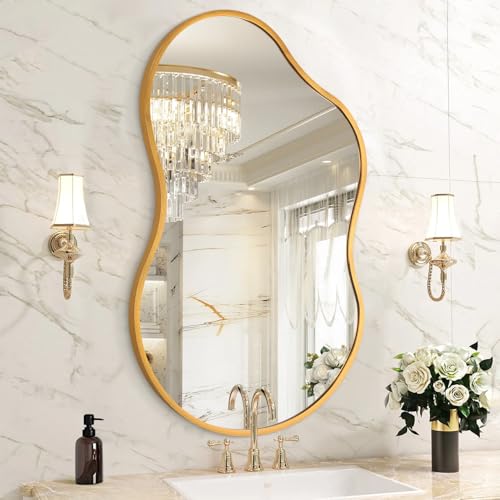 Irregcular Wall Mirror 26"x16" Gold Asymmetrical Bathroom Mirror Metal Framed Modern Decorative Vanity Mirrors for Bedroom Living Room Entryway - color: Gold-irregular 8(26"x16")