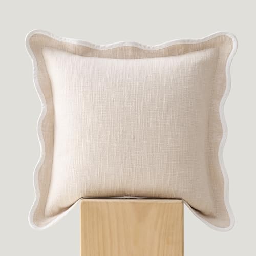 Double Stitch Scalloped Throw Pillow Covers - 100% Cotton Decorative Boho Pillow Covers 18 x 18, Made in India, Square Cushion Case, Modern Home Decor for Couch Sofa Living Room, Oat Milk - color: Oat Milk, size: 18" x 18" (Pack of 1)