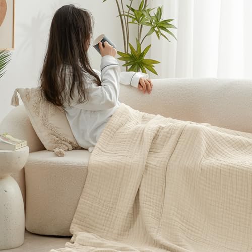 Love's cabin 100% Cotton Muslin Blanket, 6 Layer Lightweight Breathable Gauze Large Throw Blanket 50 x 70 Inches, Soft Cooling All Season Blanket for Couch or Sofa, Beige - color: Beige, size: Large Throw(50"x70")