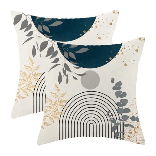 Boho Pillow Covers 18x18 Set of Mid Century Navy Blue Gray Gold Throw Pillow Covers Outdoor Decoration, Abstract Modern Bohemian Leaf Farmhouse Linen Decorative Cushion Cover for Sofa Couch - color: Navy Blue -Mid Century Leaf 2, size: 18" x 18" (Pack of