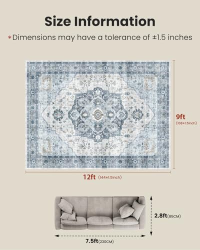 AMADA HOMEFURNISHING 9x12 Area Rug, Washable Low-Profile Large Area Rug with Non-Slip Backing & Durable Edge Binding, Vintage Large Rugs for Living Room, Bedroom - color: Navy/Blue, size: 9' x 12' (Rectangular)