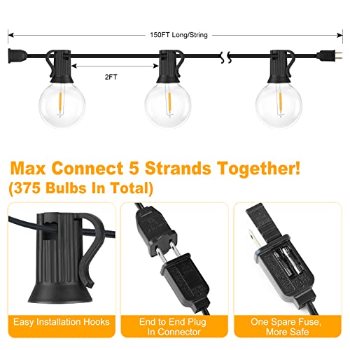 Bosceos 150FT Outdoor G40 LED Globe String Lights Dimmable Waterproof Shatterproof Light Strings with 75 Bulbs Connectable Commercial Hanging Lights for Christmas Patio House Backyard Balcony Party - color: Black, size: 150FT-Warm White