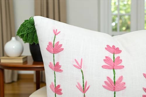 VAGMINE Embroidered Wildflower Floral 18x18 Throw Pillow Cover - White Pink Cotton Cushion with Tassel Corners for Sofa Couch Bed - Cottagecore Spring Decor - Daisy - color: Pink-daisy, size: 18" x 18" (Pack of 1)