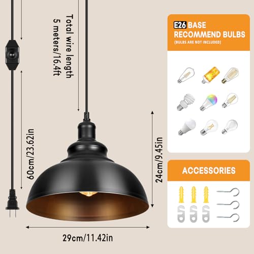 Lightess Black Pendant Lights Dimmable with Plug in Cord and ON/Off Dimmer Switch, Industrial Hanging Kitchen Island Light Fixture, LG9925343 - color: Plug in