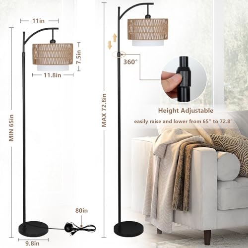 Arc Floor Lamp for Living Room with 3 Color Temperatures, Farmhouse Floor Lamps with Remote & Dimmable Bulb, Boho Standing Lamp with Rattan & Fabric Shades, Adjustable Tall Lamp for Bedroom, Office - style: Rustic