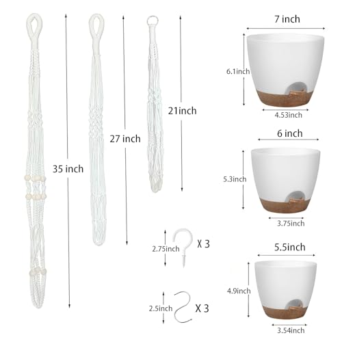 Hanging Planters with Macrame Plant Hangers for Indoor Outdoor Plants, 3 Set Hanging Baskets Flower Pots Holders 35''/27''/21'', Self-Watering Pots 7''/6''/5.5'', Boho Home Decor, White - color: White