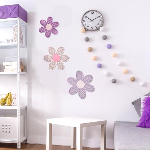 Maitys 3 Pieces Boho Daisy Wall Decor Natural Rattan Flower Wall Hanging Art Wooden Boho Art Nursery Flowers Farmhouse Hanging Decor for Home Office Nursery(Pink, Purple) - color: Pink, Purple