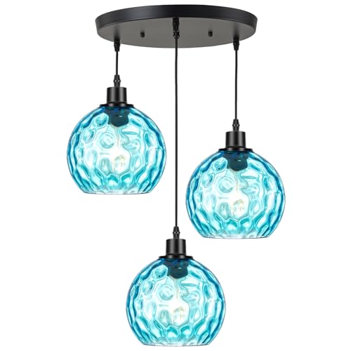 3-Light Kitchen Island Pendant Light with Blue Glass Shades, Adjustable Black Hanging Ceiling Lamp, Mid Century Modern Chandelier for Dining Room, Breakfast Bar, Farmhouse - color: Blue, 3-Light