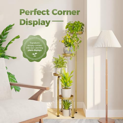 Bamworld Corner Plant Stand Indoor Outdoor, Tall Metal Flower Pot Stands for Multiple Plants, 4 Tier Gold Heavy Duty Plant Shelf for Patio Garden Balcony Living Room Bedroom(Patent Design) - color: Glossy Gold, style: Spiral 4Tier