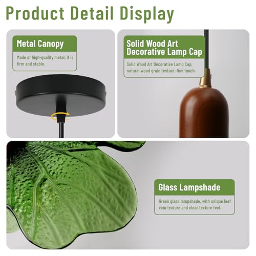 Modern Green Glass Pendant Light Fixtures 2-Pack Flower Pendant Lights Kitchen Island 59“ Adjustable Hanging Ceiling Lighting Wooden Grain Hanging Lamp for Farmhouse Dining Room - color: Green, 2 Pack