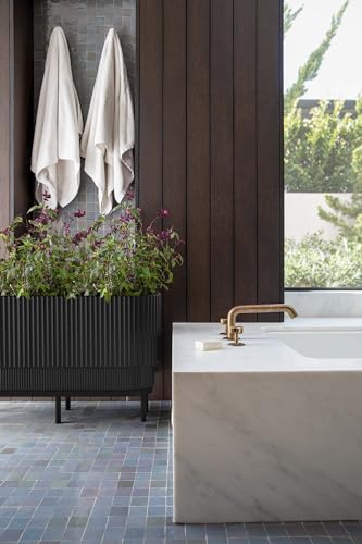 Veradek Demi Series Raised Long Planter for Indoor/Outdoor Use | Made from Plastic & Stone w/Wooden Stand | Modern Patio Décor for Flowers/Shrubs - color: Black/Black, size: 30 inch - 2 Pack