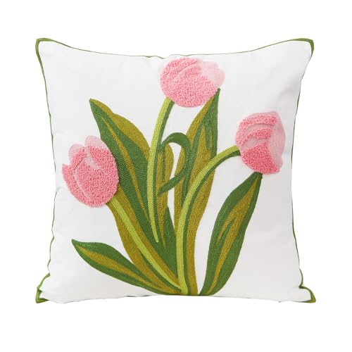 Embroidery Throw Pillow Cover 18x18 Home Decor Tulip Flower Loop Embroidered Floor Pillow Cover for Couch 100% Cotton Canvas Pillow Case Floral Cushion Cover 45x45cm, Pink Tulip, 1 Piece - color: Pink Tulip