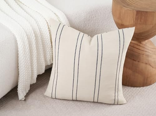 Decorative Throw Pillow Covers 20x20 Inch Set of 2 Linen Striped Accent Neutral Beige Farmhouse Boho Square Cushion Covers for Couch Sofa Bed Living Room Modern Home Decor, Navy Blue - color: Navy Blue, size: 20" x 20" (Pack of 2)