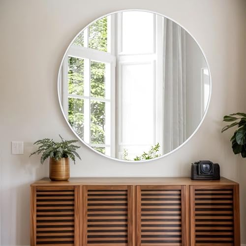 Tanmicoshomy 36 inch Round Bathroom Mirrors for Wall, White Circle Mirror | White Framed Circle Wall-Mounted Bathroom Mirror with Tempered Glass-Shatterproof for Entryway, Living Room or Bedroom - color: White, size: 36"L x 36"W