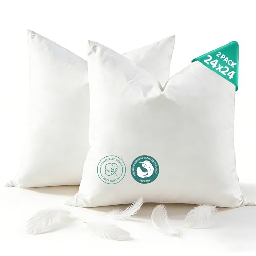 APSMILE Organic Cotton Goose Feather Down Plus Throw Pillow Inserts, 24x24 Inch Set of 2, Soft Supportive Square Decorative Pillow Forms for Couch, Sofa, Bed - size: 24X24