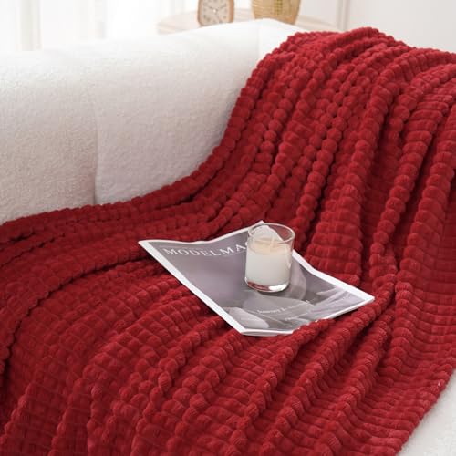 Red Throw Blanket 50"×70" Decorations Fleece Super Soft Plush Fuzzy Cozy Blanket with Square 3D Jacquard Grid Design Luxury Lightweight for Couch Sofa Chair - color: Red, size: 50"×70"