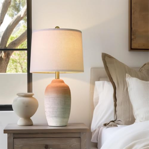 USumkky 24.5" Ceramic Table Lamp with 5FT Cord, Single Farmhouse Vintage Rustic Bedside Lamp for Living Room Bedroom Entryway, Linen Shade Nightstand End Table Decor (Bulb Not Included)-White&Brown - color: 24.5" White&Brown