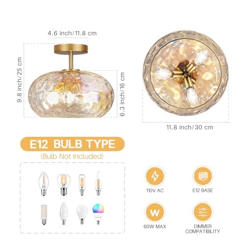 12" Iridescent Rainbow Hammered Glass Ceiling Light, 3-Light Semi Flush Mount Fixture, Modern Gold Lighting for Bedroom, Hallway, Kitchen, Dining Room, Living Room, Foyer - color: Iridescent