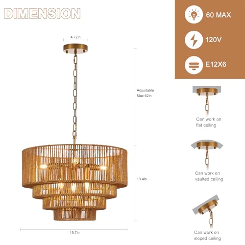 19.7" Hand-Woven Rattan Chandelier Vintage Farmhouse 6-Lights Boho Bamboo Chandeliers Light Fixture Retro Drum Wicker Rattan Golden Chandelier for Dining Room, Kitchen Island, Bedroom, E12 - color: Golden 19IN