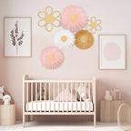 Soaoo 6 Pcs Boho Nursery Decor for Girl Daisy Flower Woven Macrame Wall Hanging Bohemian Nursery Wall Decor Flowers for Baby Girls Kids Dorm(Pink, White, Beige)