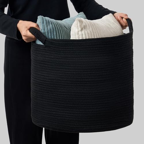 Blanket Basket (16" Dx14 H) - Round Woven Rope Storage for Living Room Throws, Pillows & Laundry- Black - color: Black, size: 16" X 16" X 14"