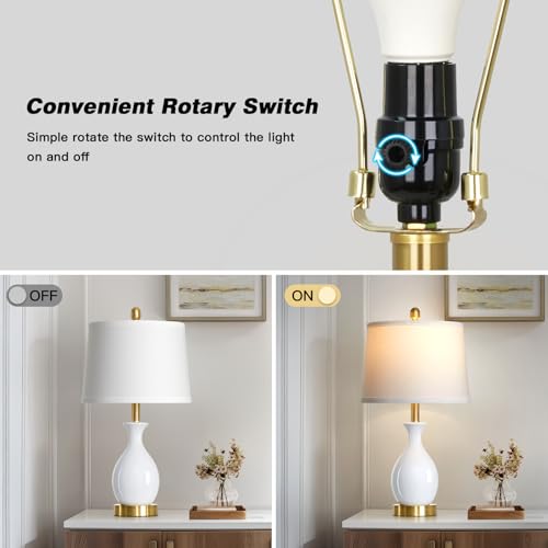 24" White Ceramic Table Lamps Set of 2 for Bedroom, Modern Classic Bedside Lamps for Nightstand, Small Table Lamp for Living Room Side Table (2 LED Bulbs Included) - color: White - 24"H